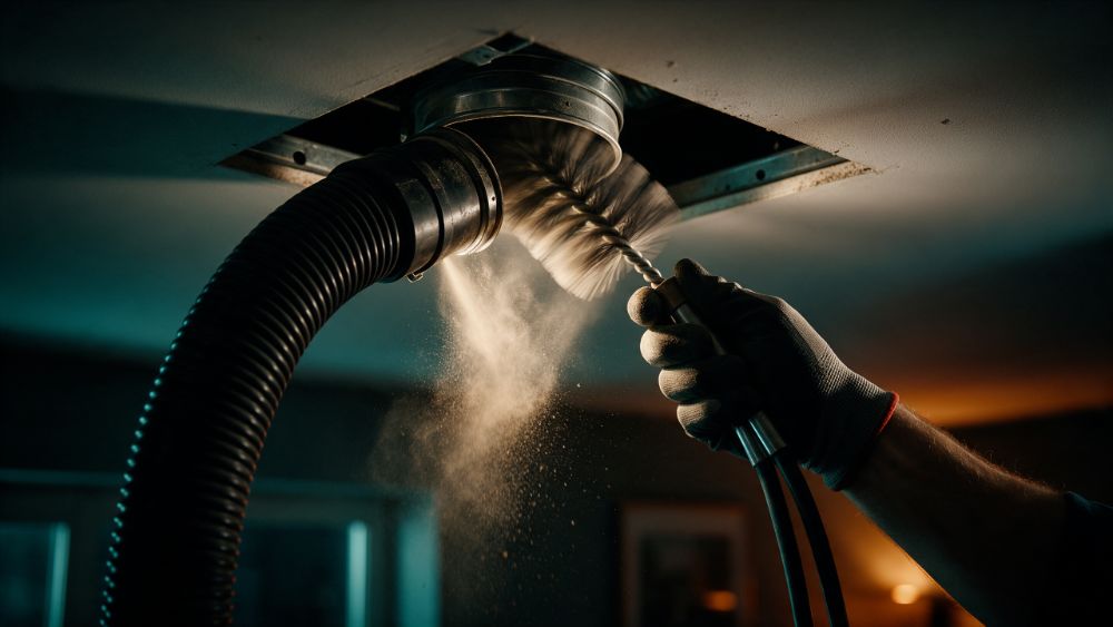 A spinning rotary brush pulling dust out of a ceiling duct into a vacuum hose