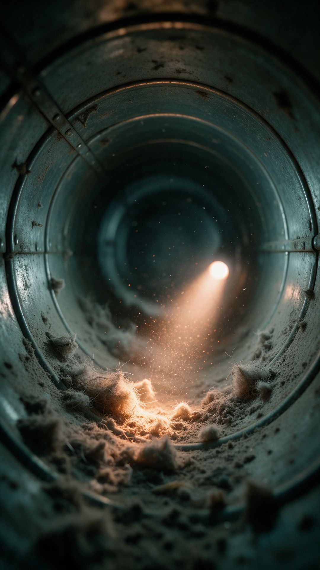 Inside a dirty air duct full of dust and lint