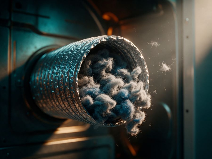 A dryer vent hose packed with lint
