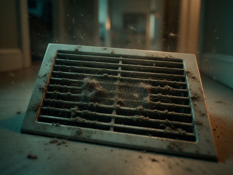 A dusty floor return grille in hazy air
