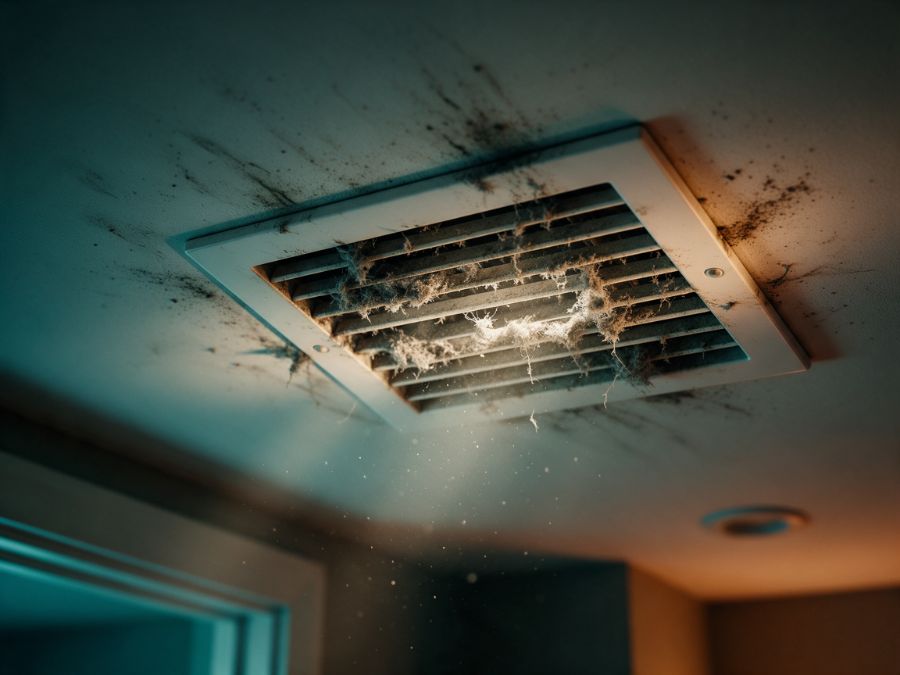 A ceiling air vent caked in dust and grime